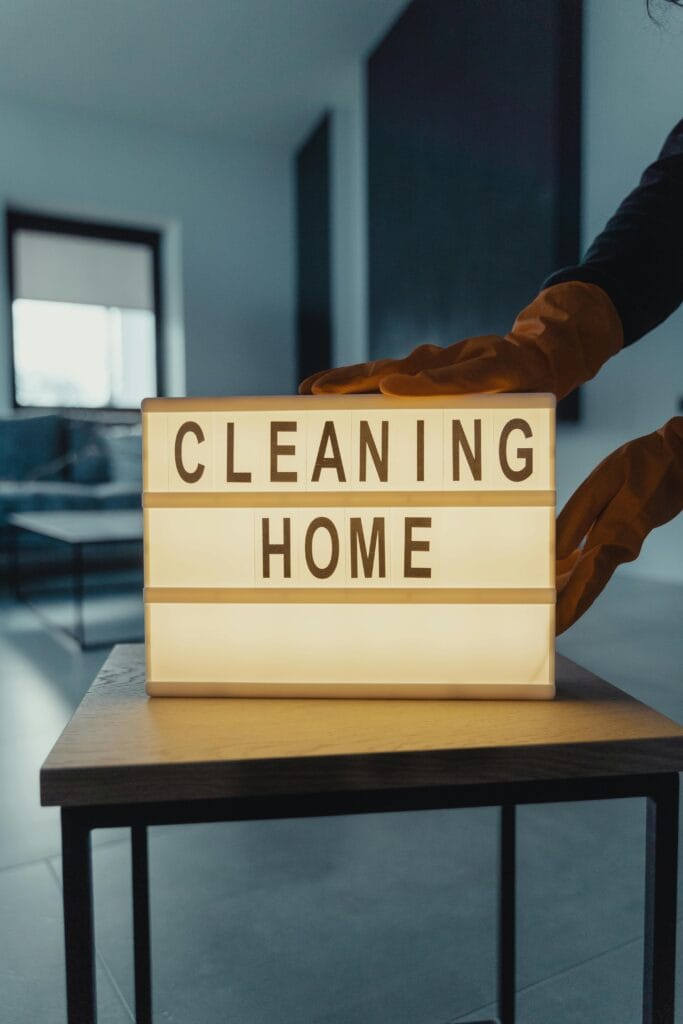 pexels-photo-6195885-6195885 Modern interior with 'Cleaning Home' sign and person wearing gloves, emphasizing cleanliness.