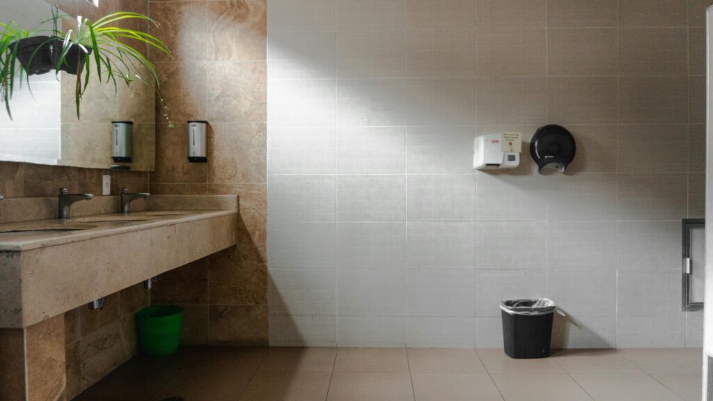 pexels-photo-20059730-20059730 Clean and spacious public bathroom with sinks and hand dryer, Mexico.