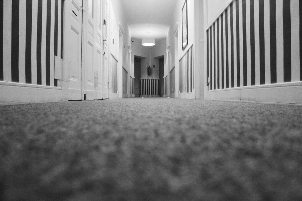pexels-photo-1253800-1253800 Low angle view of an empty hotel corridor with striped walls and carpet in monochrome.