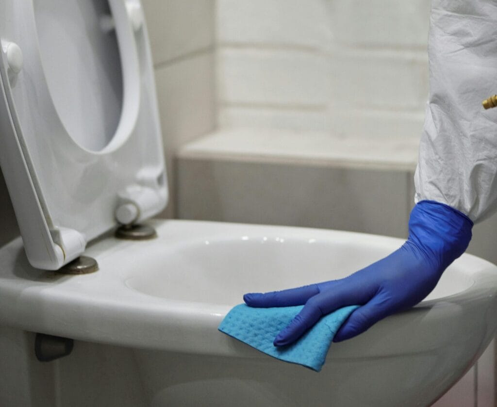 pexels-photo-4098579-4098579 Person in protective gear cleaning a toilet for sanitation and safety.