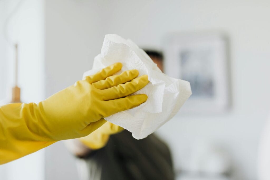 pexels-photo-4239127-4239127 Close-up of a yellow-gloved hand cleaning a mirror with a cloth indoors.